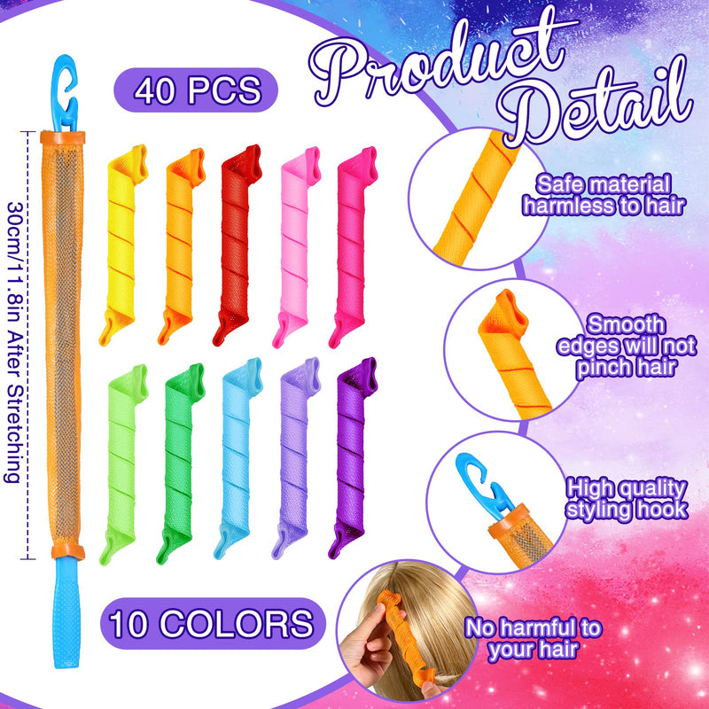 [Australia] - Yilloog 40 Pieces Hair Curlers Kit Heatless Spiral Curlers Tools with 2 Styling Hooks and 1 Storage Bag Multicolor Magic Curls Rollers for Women Long Medium Short Hair Classic Style 