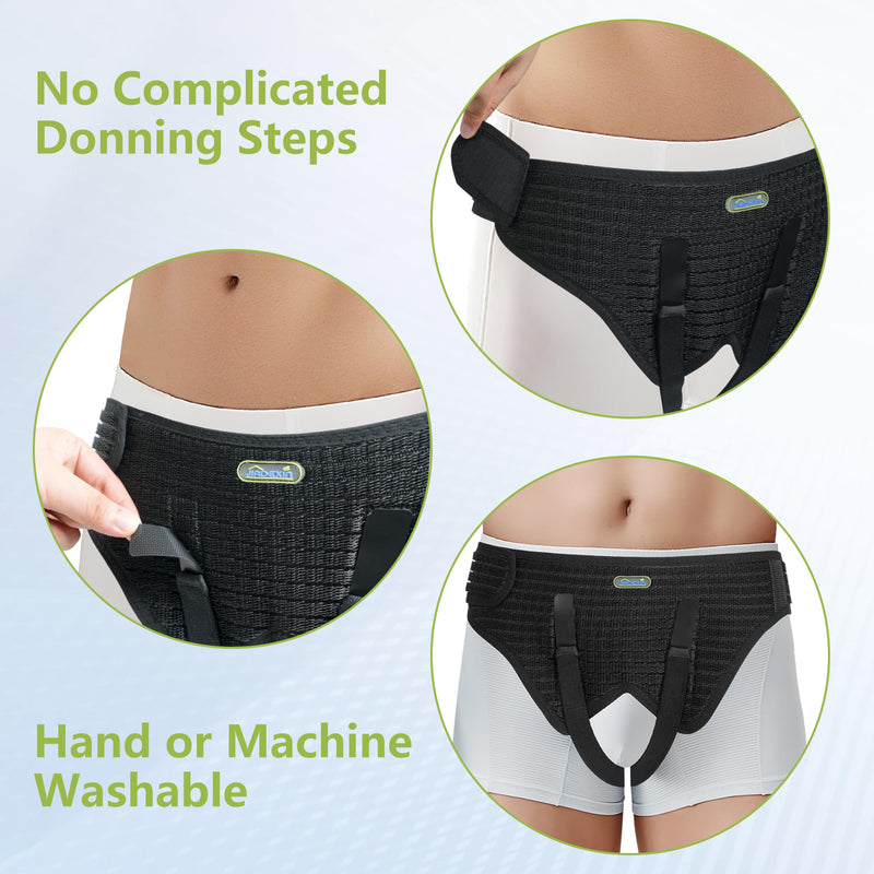 [Australia] - Hernia Belt for Men & Women,Immobilization Straps for Single/Double Inguinal or Sports Hernias,Pain Relief and Adjustable,with 4 Removable Compression Pads, Black, M 