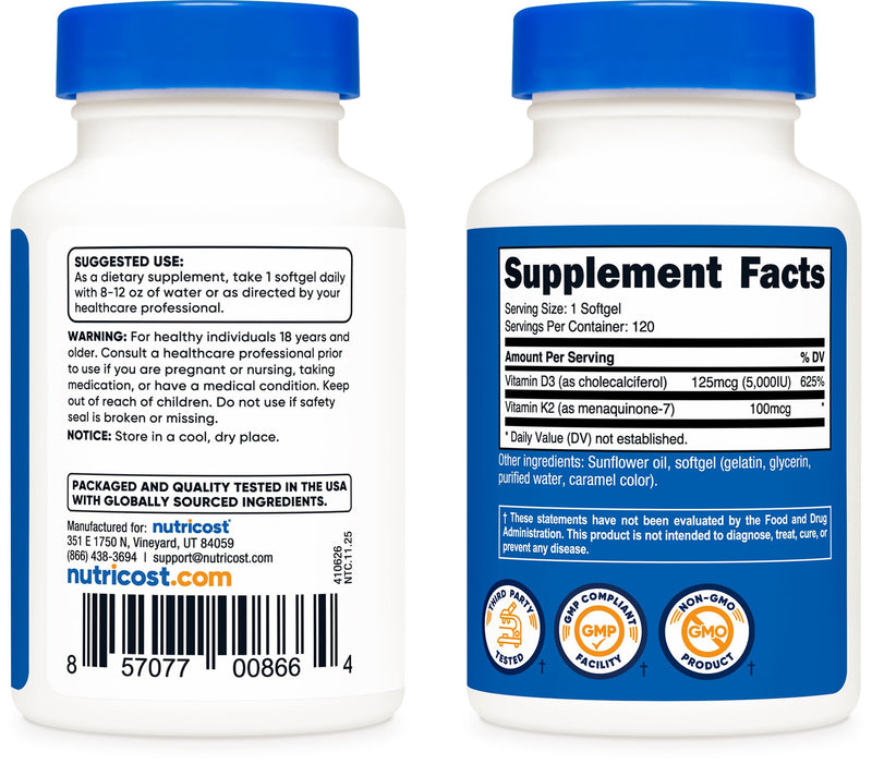 Nutricost Vitamin K2 (MK7) (100mcg) + Vitamin D3 (5000 IU) 120 Softgels - Gluten Free and Non-GMO (Pack of 2) 120 Count (Pack of 2)