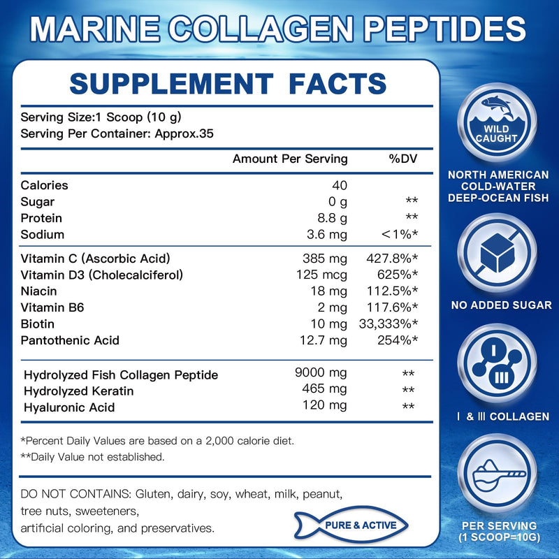 ZEBORA Marine Collagen Peptides Powder for Women, 35 Servings | Wild Caught Hydrolyzed Fish Collagen with Hyaluronic Acid, Keratin, Multivitamins for Skin, Hair, Nails, Keto-Friendly 12.35 Ounce (Pack of 1)