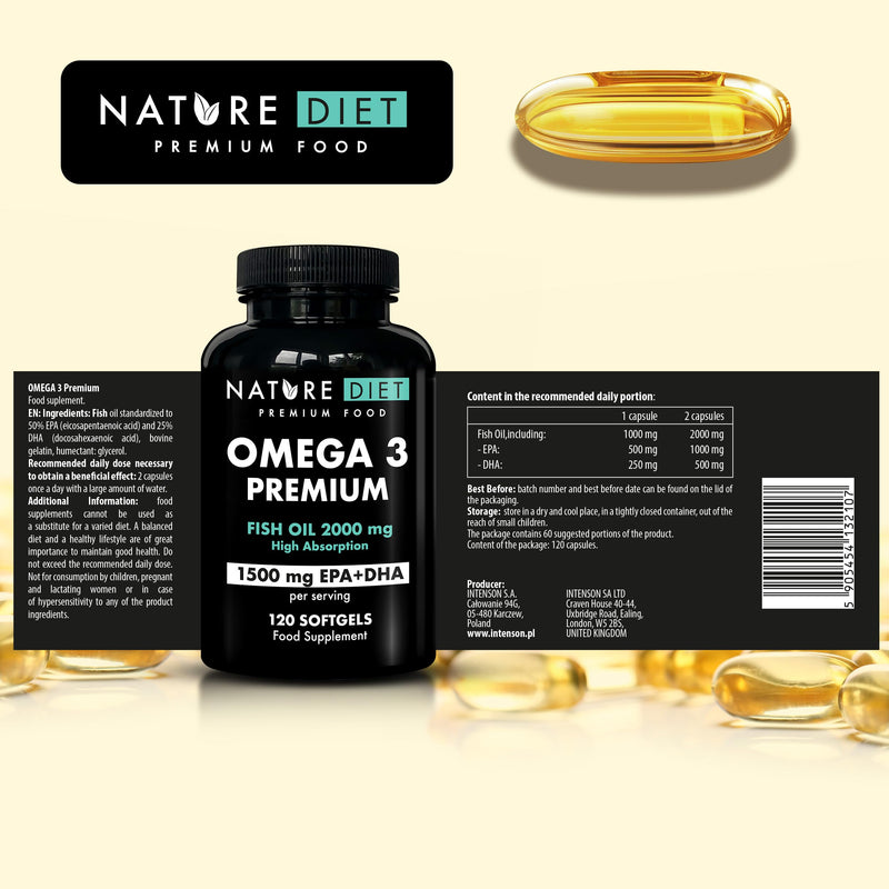 Nature Diet Omega 3 Premium - 2000mg with 1500mg of EPA & DHA - 120 Softgel Capsules of High Strength Omega 3 Fish Oil – 2 Months Supply