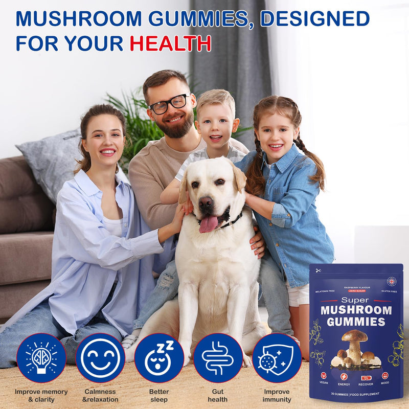 Super Mushroom Gummies with Lion's Mane Supplement, Energy, Focus, Raspberry Flavour (30 Gummies) 30-Gummies