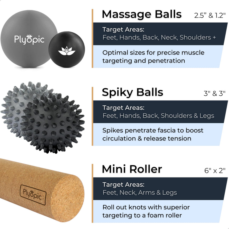 [Australia] - Massage Ball Set – Complete 5-Piece Kit: Spiky, Lacrosse & Mini Precision Balls + Roller – Plantar Fasciitis, Foot Arch & Heel Relief – Trigger Point Therapy for Back, Neck, Shoulders & Full Body Modern Grey & Black With Natural Cork Roller 