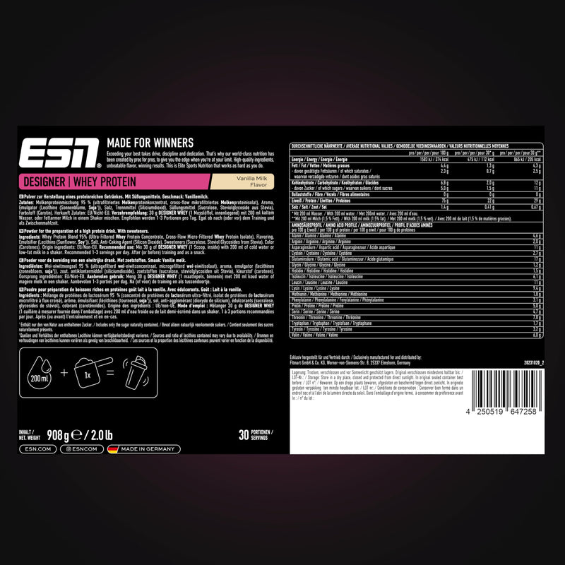 [Australia] - ESN Designer Whey Protein Powder, vanilla, 908 g, up to 23 g protein per serving, ideal for building and maintaining muscle, tested quality - made in Germany Vanilla Milk 