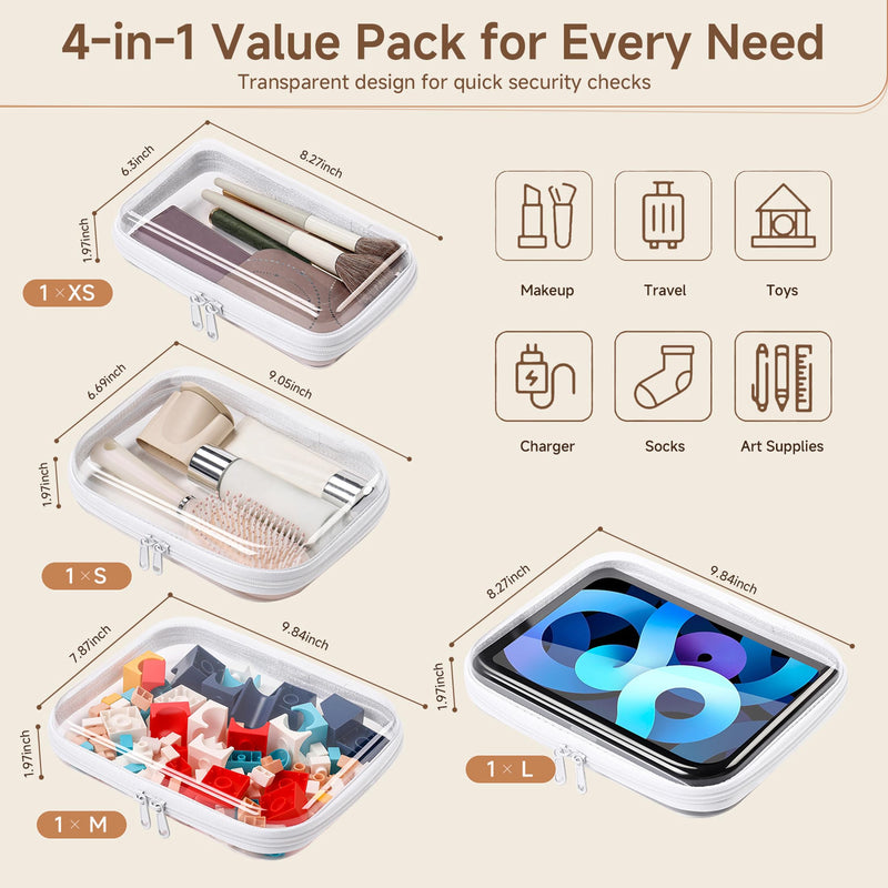 4 Pack Clear Hard Shell Zipper Case Diaper Organizer | 1.0mm Hard Shell, Upgraded Large Zipper Pulls, Clear Travel Pouches, Smooth Zipper Closure, Holds Shape White 4 Pack (XS+S+M+L)