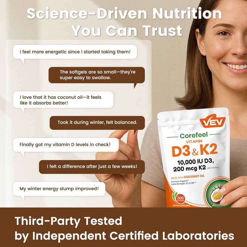 [Australia] - VEV Corefeel Vitamin D3 K2 10,000 IU, 200 mcg MK-7, 300 Coconut Oil Softgels, 2 in 1 Vitamins Supplement D & K (Include MK7), Easy to Swallow, Supports Calcium Absorption, Bone Health Unflavored 10000 IU Softgels 300 Count (Pack of 1) 