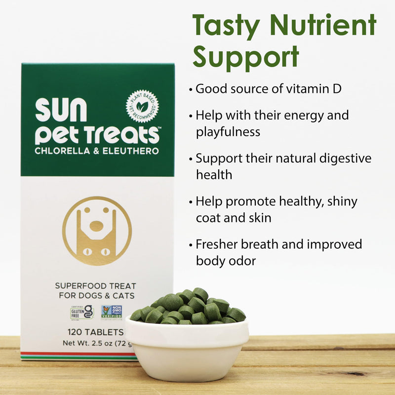 Sun Chlorella Sun Pet Treats Green Superfood Cat & Dog Supplement - Chlorophyll Eleuthero & Lecithin, Minerals, Antioxidants & Vitamins for Dogs & Cats - Immune Defense, Skin & Gut Health - 120 Bites - PawsPlanet Australia