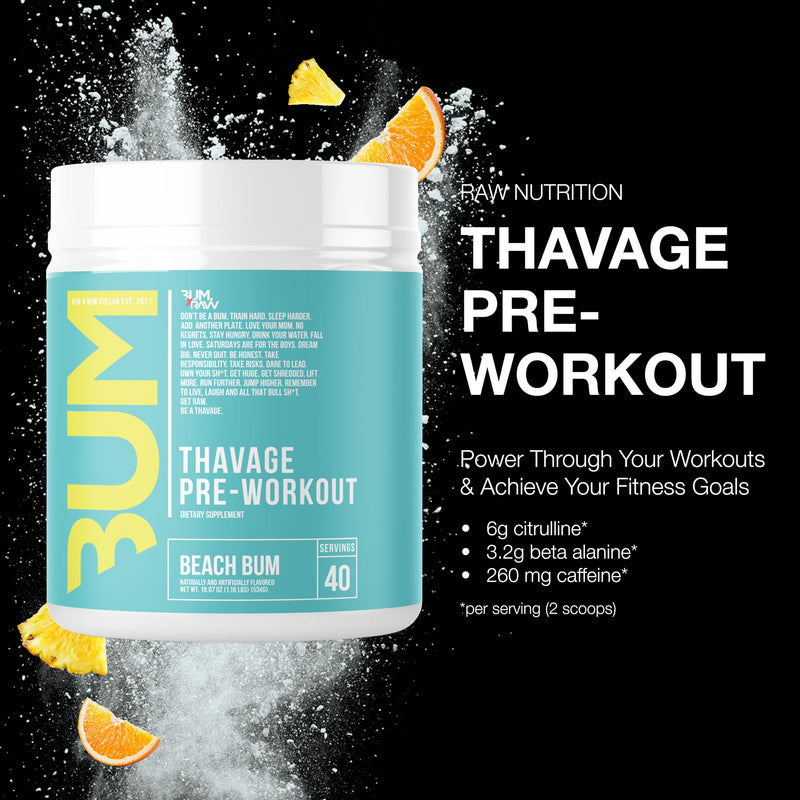 [Australia] - RAW Pre Workout Powder, Thavage (Beach Bum) - Chris Bumstead Sports Nutrition Supplement for Men & Women - Cbum Pre Workout for Working Out, Hydration, Mental Focus & Energy - 40 Servings Beach Bum 