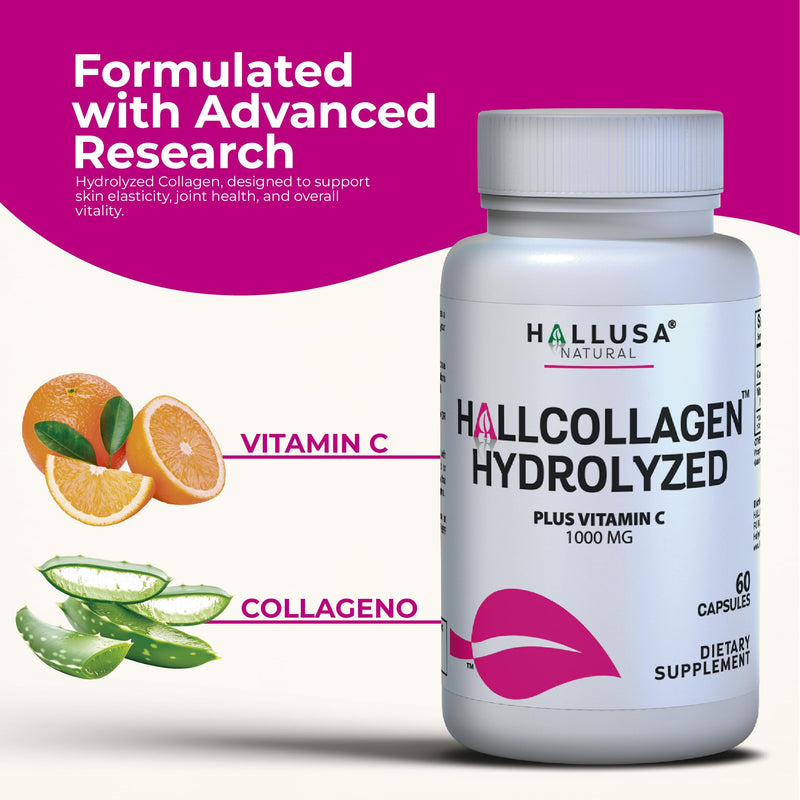 Hallusa Natural Hydrolyzed Collagen Capsules 1000mg with Vitamin C - Anti Aging Supplement for Skin, Hair, Nails & Joint Support - Cólageno hidrolizado - Pastillas de colágeno - 60 Capsules
