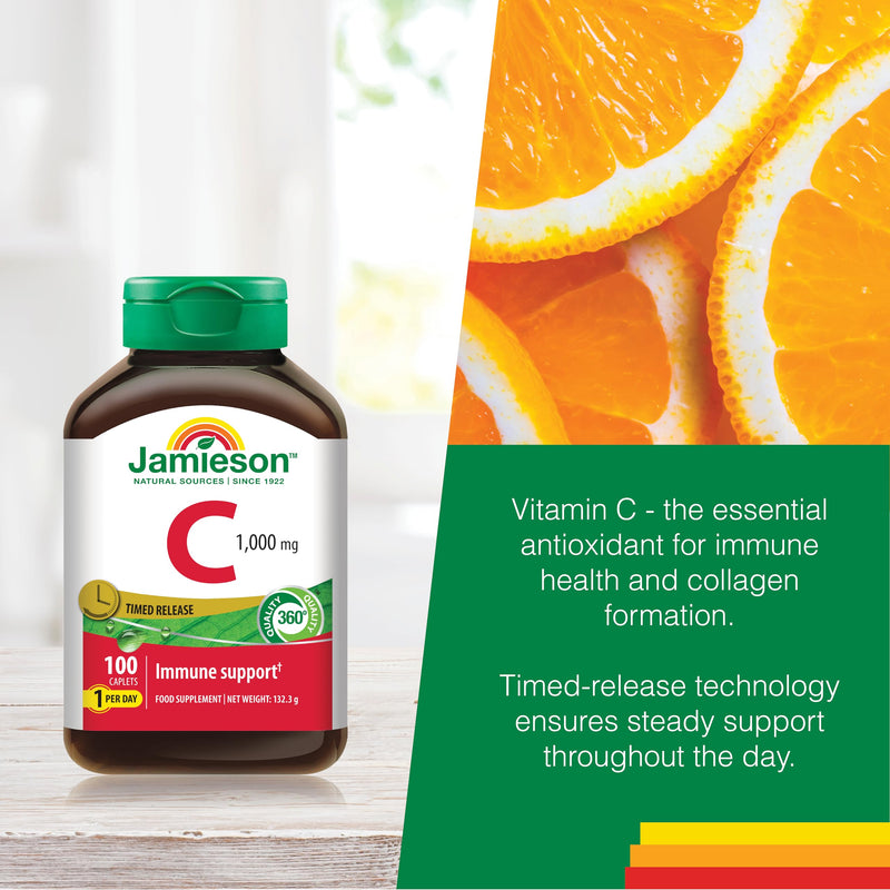Jamieson Vitamin C 1000 mg Timed Release, Sustained Release, Vitamin C Supplement, Supports Immune Health, Collagen Formation for Healthy Skin, Teeth and Bones. 100 Caplets, 1-A-Day