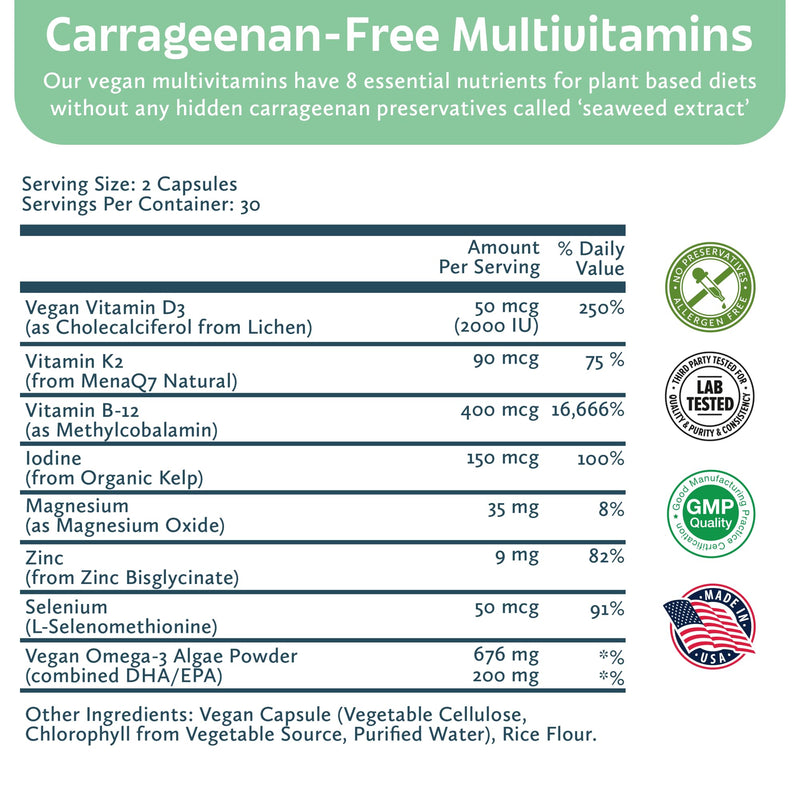 Future Kind Carrageenan-Free Foundations Multivitamin for Women & Men with Omega-3, B12, D3, Zinc, Iodine, Magnesium, K2 & Selenium, Vegan, Compostable Bag (60ct)