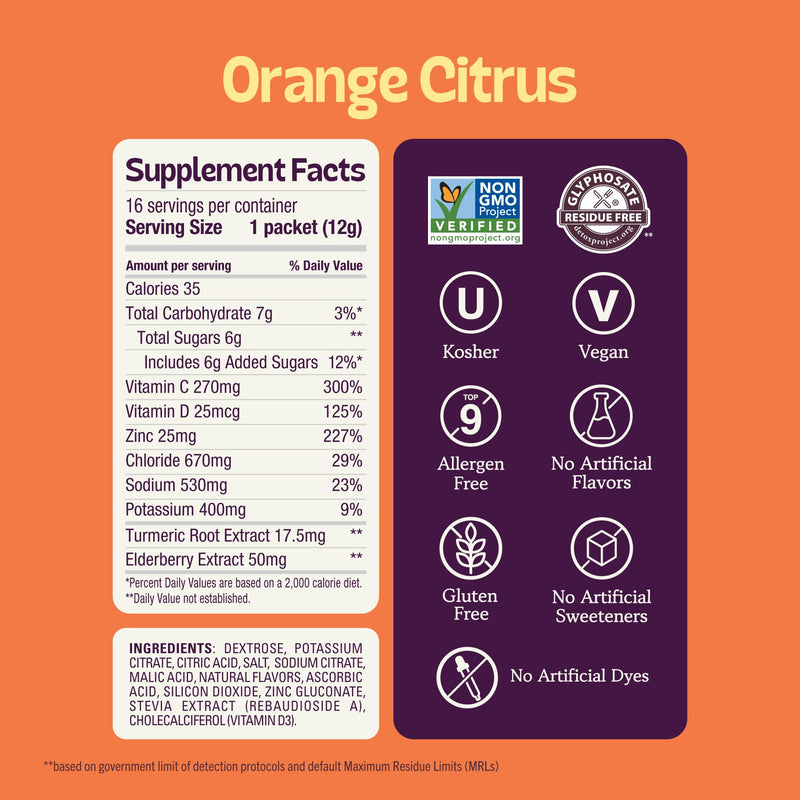 KinderFarms Kids Immunity Supplement Electrolyte Powder – Drink Mix Packets with Vitamin C (Orange Citrus, 16 Count), No Artificial Dyes, Sweeteners or Flavors - Vegan, Non-GMO, Gluten-Free, FSA-HSA Orange 0.4 Ounce (Pack of 16)