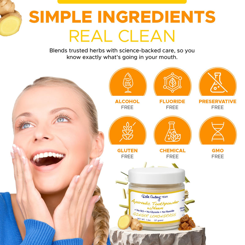 Ayurvedic Remineralizing Tooth Powder for Sensitive Teeth | Organic Fresh Ginger Flavor for Teeth Whitening and Fresh Breath | Natural Tooth Sensitivity Toothpowder for Gums and Bad Breath-1.3 Oz Ginger/Lemongrass