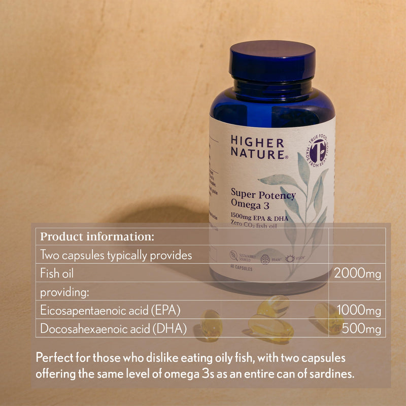 Omega 3 2000mg with 1000mg EPA & 500mg DHA Per Serving - Super Potency Omega 3 True Food® Formula Fish Oil Supplement - Supports Eye, Brain & Heart Health - by Higher Nature - 60 Capsules