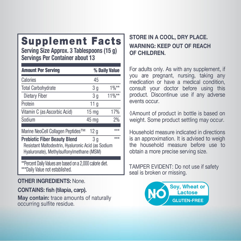 NeoCell Marine Collagen Peptides Powder | 7 oz | Unflavored Supplement | With Vitamin C and MSM | Plus Hyaluronic Acid | Prebiotic Fiber Beauty Blend | Hair, Skin, & Nails | for Women and Men