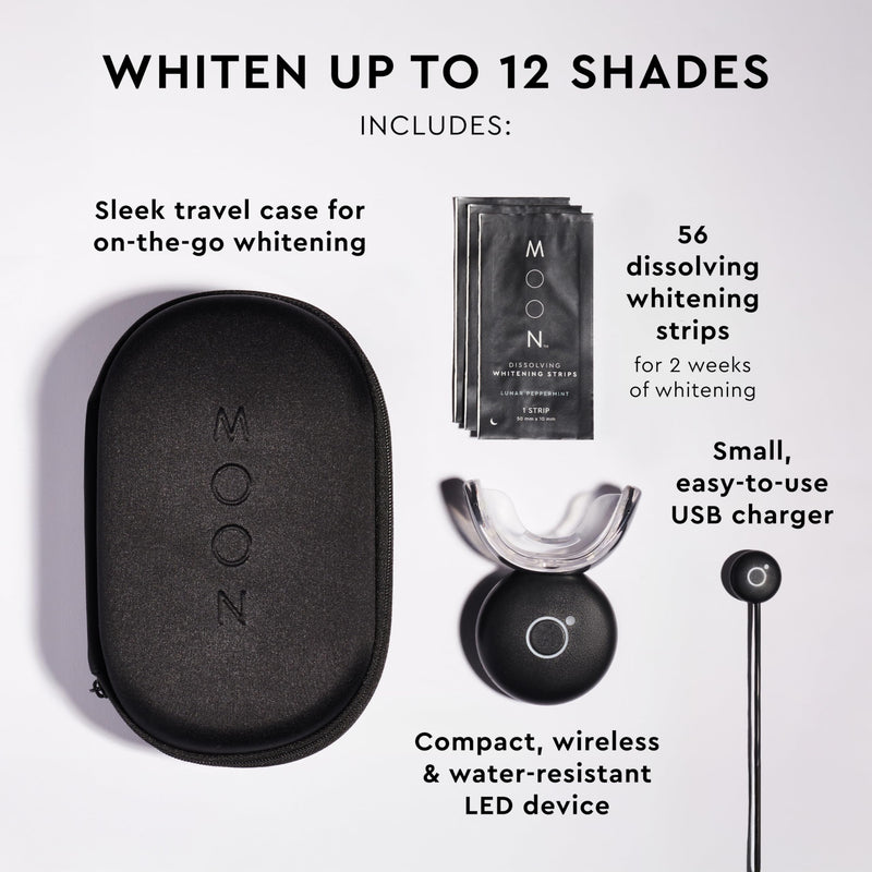 [Australia] - MOON Teeth Whitening Kit, LED Light Teeth Whitener Device, 56 White Strips, USB Charger & Travel Case, Blue Light Whitening Tray Removes Stains & Whitens Up to 12 Shades in 2 Weeks (4 Piece Kit) 