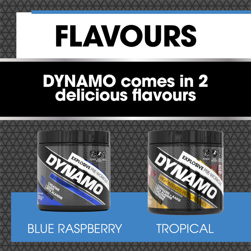 Protein Dynamix - Dynamo Pre Workout - High Intensity Performance - Blue Raspberry - 3000mg Citrulline + AAKG • 2500mg Beta Alanine • 2000mg Creatine • 250mg Caffeine • 200g (Pack of 2) 20 Servings (Pack of 2)