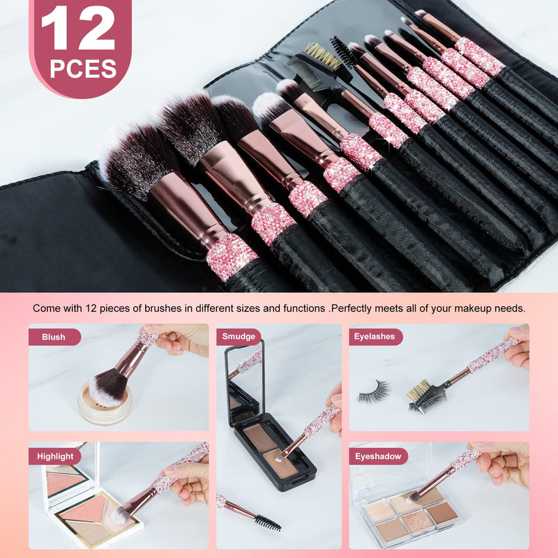 KEYPOWER Large Capacity Glitter Sequin Cosmetic Bag Apricot & 12PCS Makeup Brushes Bling Rhinestone Pink