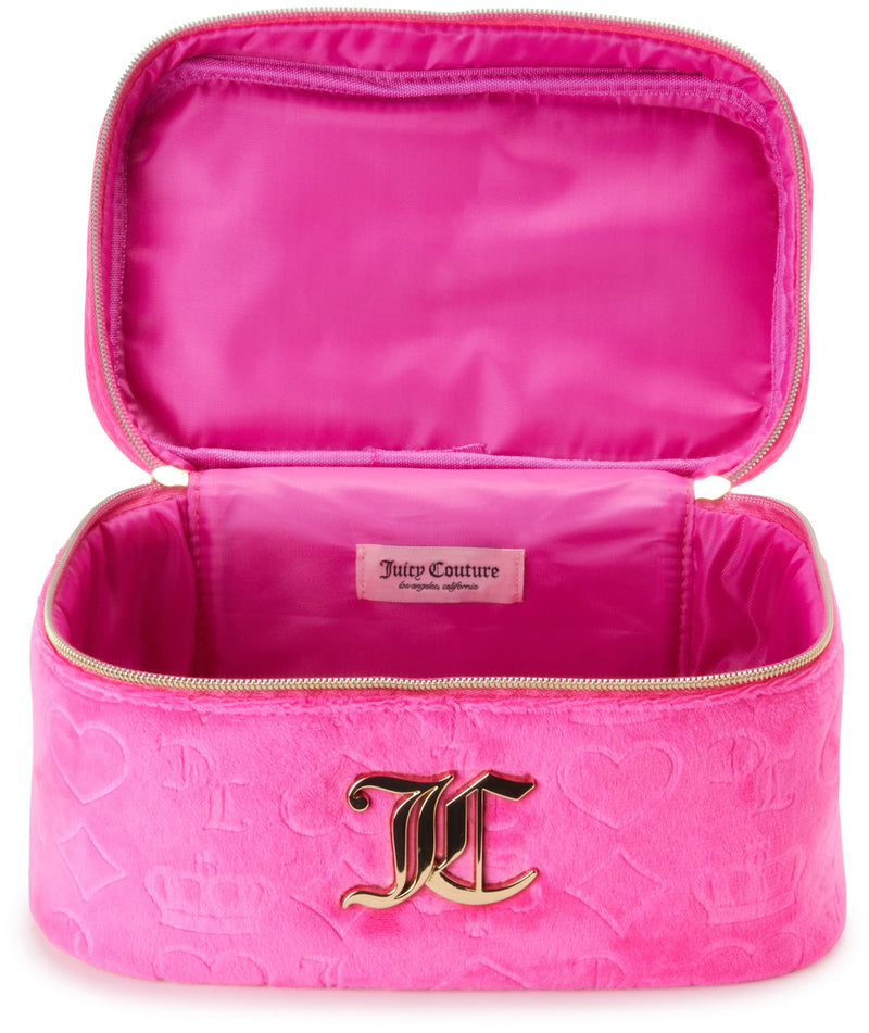 Juicy Couture Hot Pink Makeup Bag Cosmetics Organizer Travel Essentials Train Case Velour Heart Crown