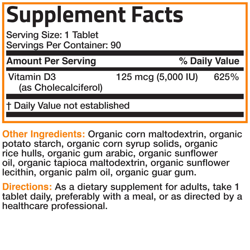 Bronson Vitamin D3 5,000 IU (125 mcg), USDA Certified Organic, 90 Tablets | Bone, Muscle, Immune & Nervous System Support, Non-GMO, Gluten-Free, Soy-Free, Wheat-Free & Nut-Free 90 Count (Pack of 1)