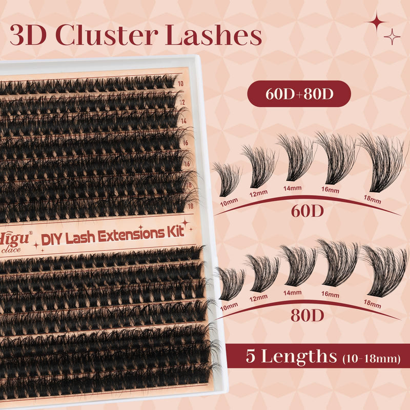 Higu clace Lash Clusters Kit 60D+80D, Cluster eyelash extensions Mix 10-18mm Lash Clusters Kit with Lash Bond and Seal and Lash Applicator, DIY Lash Extension Kit (60D+80D 10-18mm) 6080D KIT 6080D-BLACK