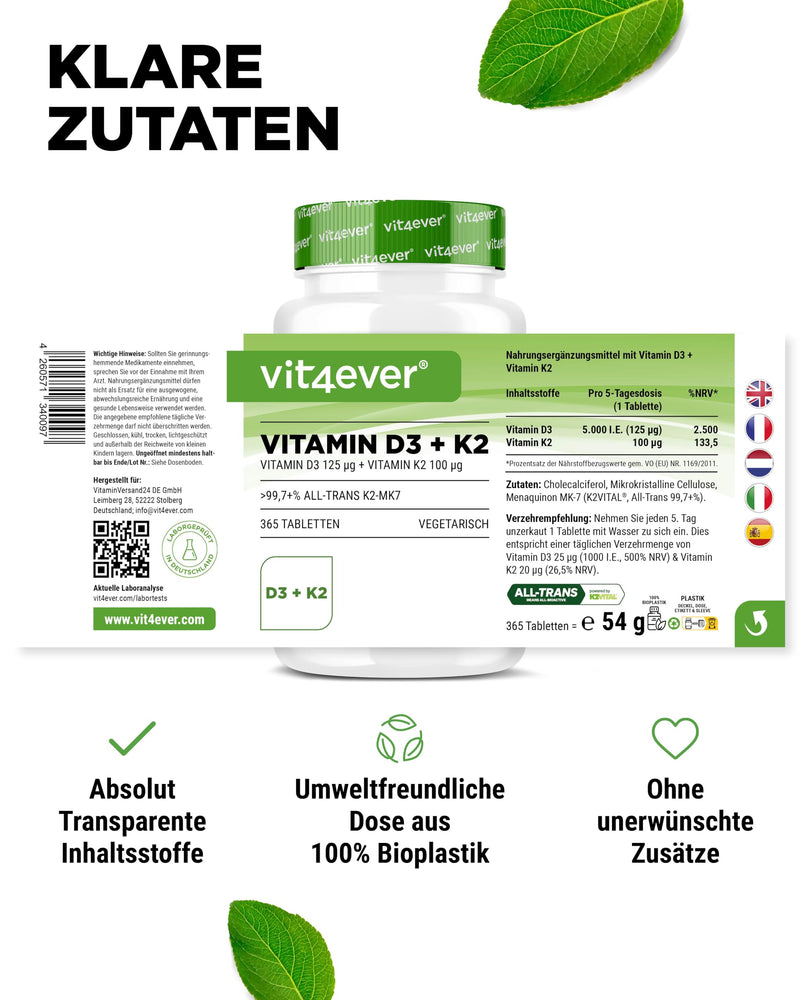 [Australia] - Vitamin D3 + K2 Depot - 365 tablets - Premium raw material: 99.7+% All-Trans (K2VITAL® from Kappa) - With 5000 IU vitamin D3 per tablet - Laboratory tested - High dose 54 g (pack of 1) 