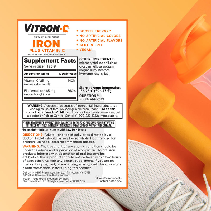 Vitron-C Iron Supplement, Once Daily, High Potency Iron Plus Vitamin C, Support Red Blood Cell Production, Dye Free Tablets, 60 Count (Pack of 4) 60 Count (Pack of 4)