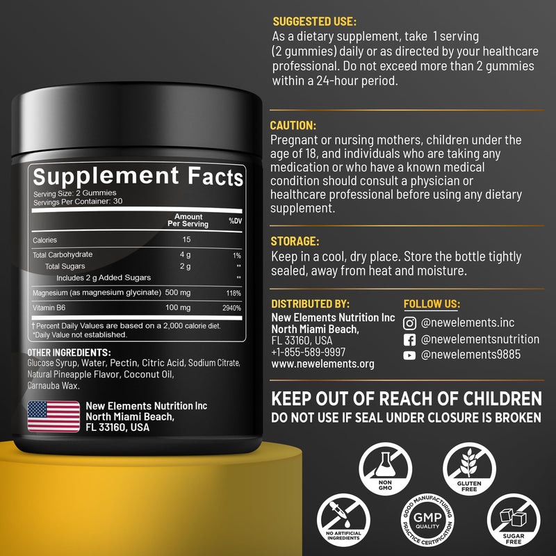 Magnesium Glycinate Gummies 500mg with Vitamin B6 100mg for Adults and Kids - High Absorption | Non-GMO | No Gluten | Stress Relief | Sleep & Relaxation | Muscle & Heart Support | Natural & Vegan