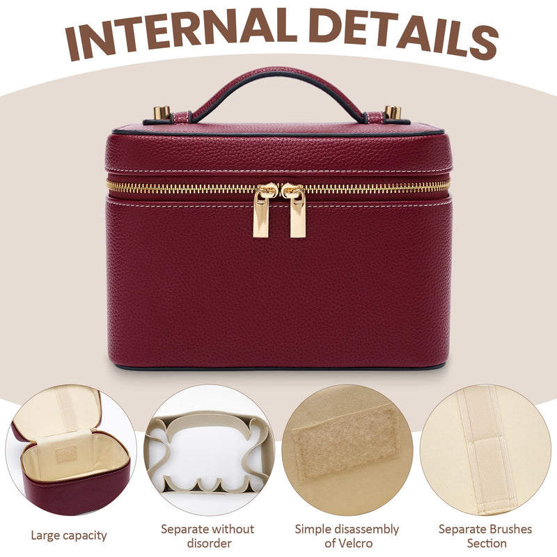 PU Leather Travel Makeup Bag Hard Cosmetic Organizer Vanity Case for Women | Water-resistant exterior wipes clean instantly. Sturdy box structure protects delicate cosmetics and glass skincare bottles Burgundy
