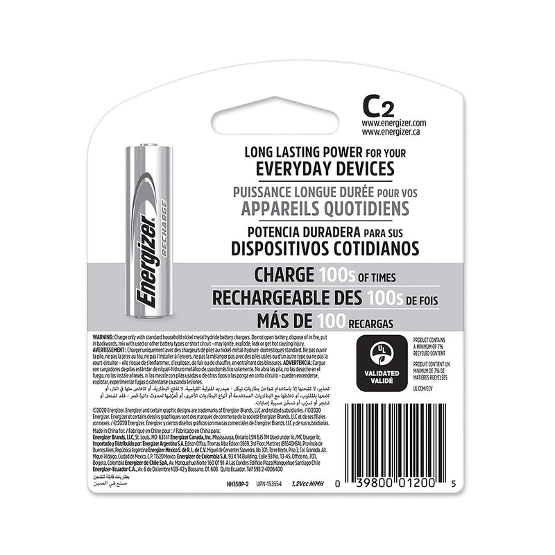 Energizer 2 Precharged Recharg Battery, C, NiMh, PK2 Lighting, Green and Silver (Packaging May Vary), 2 Count