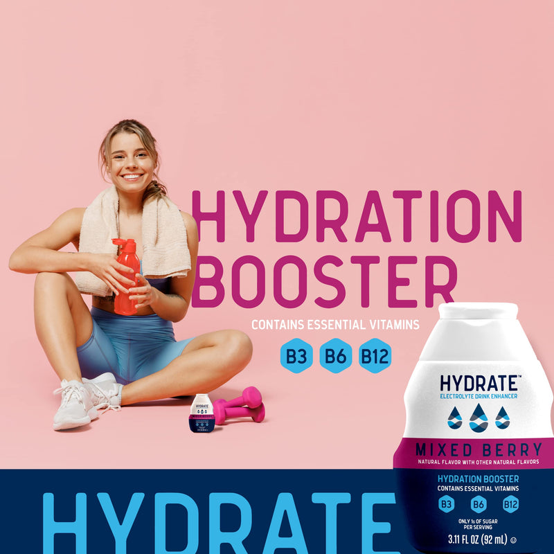 hydrate Electrolyte Liquid Drink Enhancer Drops, Low Sugar, Low Calorie, Natural Flavor Hydration Mix with Essential Vitamins B3 B6 B12 (6.22 Fl Oz (Pack of2), Mixed Berry) 3.11 Fl Oz (Pack of 2)