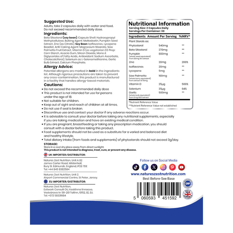 Prostashield Advanced Complex Men’s Health Supplement with Plant Sterols, Pumpkin, Zinc, Selenium & Vitamin D, Vegan Capsules for Immune & Men’s Vitality – 60 Capsules