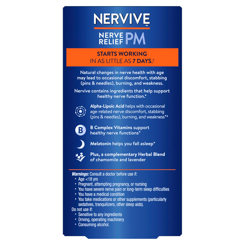 Nervive Nerve Relief PM, Occasional Nerve Discomfort II, Sleep Aid, Starts Working in 7 Days, Stabbing, Burning, Alpha Lipoic Acid, Melatonin, B Vitamins, Turmeric, Ginger, Nervive Supplement, 30 ct 30 Count (Pack of 1)