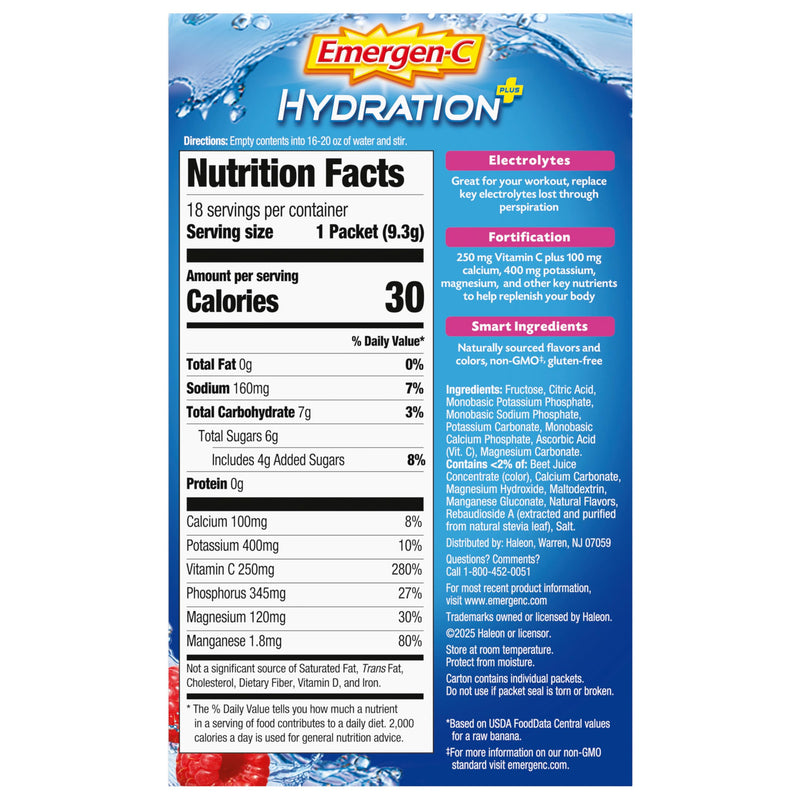 Emergen-C Hydration+ Vitamin C Sports Drink Mix, Raspberry, 18 Packets | Electrolytes for Hydration, 75% Less Sugar, Non-GMO, Vitamin C, Zinc and Manganese, Sports Formula 0.33 Ounce (Pack of 18)