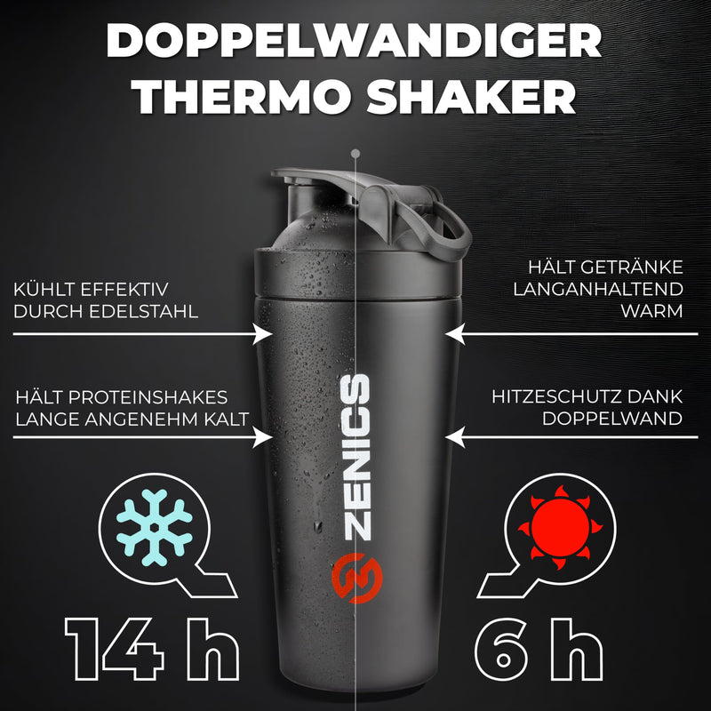 [Australia] - ZENICS ® shaker stainless steel [black, 600 ml] for creamy fitness shakes - durable protein shaker with double-walled stainless steel - protein shaker for gym black 