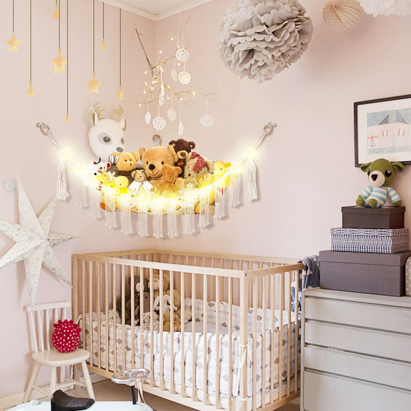 [Australia] - Stuffed Animal Hammock with LED Light, Toy Hammock for Stuffed Animals Storage for Kids Room Decor, Stuffed Animal Hammock Corner, White Large-(Package of 1) 