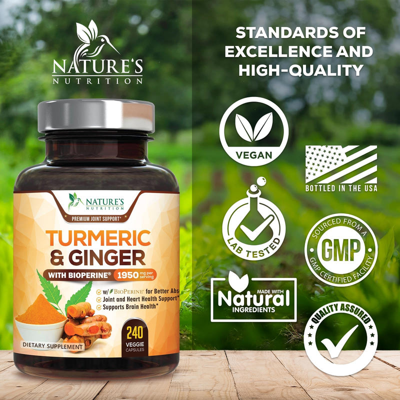 Turmeric Curcumin Supplement - 95% Curcuminoids with Organic Turmeric & Ginger, BioPerine Black Pepper Extract for Best Absorption, Natural Vegan Joint Support, Non-GMO, Bottled in USA - 240 Capsules 240 Count (Pack of 1)
