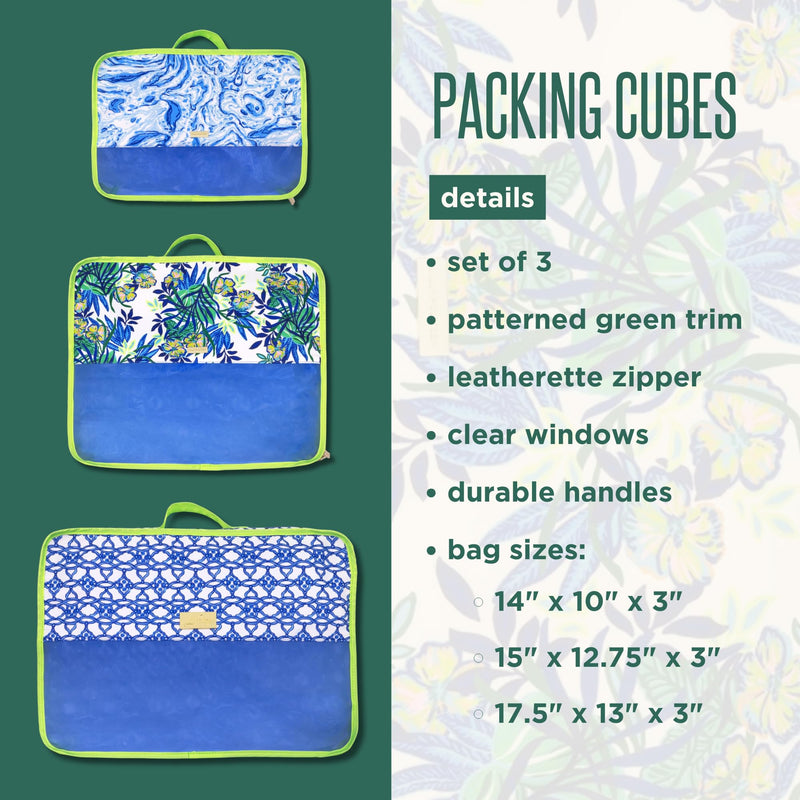 Lilly Pulitzer Packing Cubes Set of 3, Blue and Green Prints | Resort Ready Polyester & Mesh Suitcase Luggage Organizers in 3 Sizes with Zipper Closures, Trim, & Handles for Travel