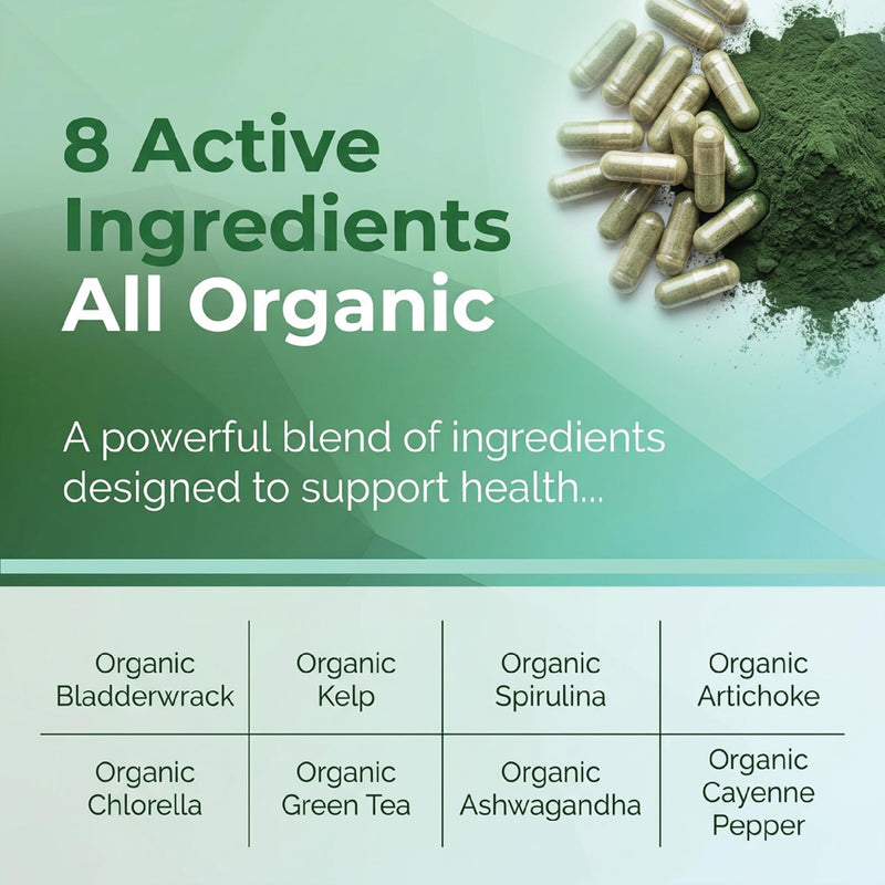 Heavy Metal Detox Cleanse Organic Complex Bladderwrack Seaweed, Iodine, Sea Kelp, Chlorella Spirulina Capsules, Artichoke, Green Tea, Alfalfa, Cayenne Pepper 100 Super Greens Powder Tablets Adults