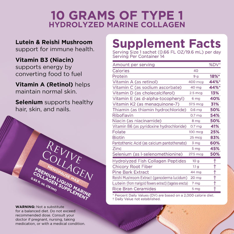 Revive Collagen Menopause Max — Hydrolyzed Marine Collagen Drink for Women, 10,000MG, Lutein, Reishi Mushroom, Vitamin B6, C & D, for Skin & Eye Wellness, Pineapple & Coconut Flavour — 14 Packets 14 days