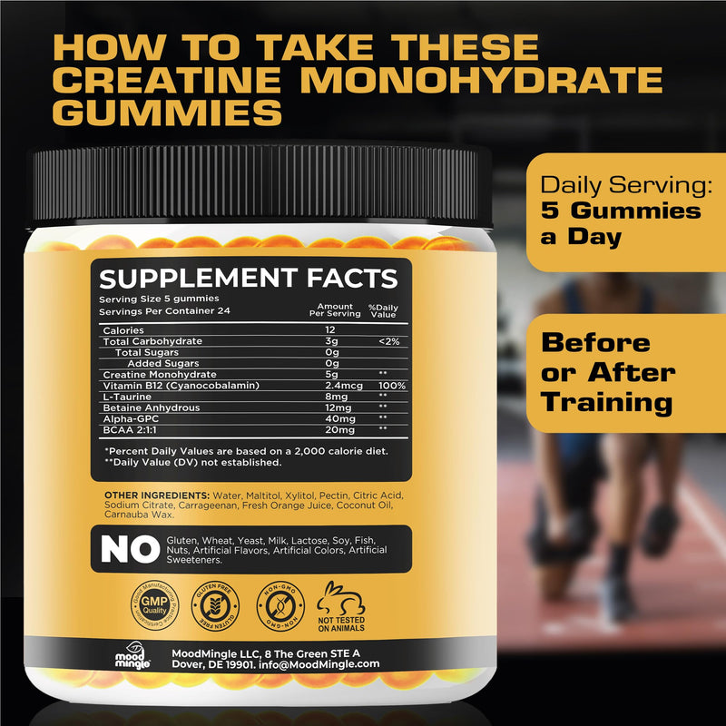 Creatine Monohydrate Gummies 5g for Men Women - Sugar Free Chewable Vegan Supplement - Enhanced Formula with Vitamin B12 L-Taurine Betaine Anhydrous Alpha-GPC BCAA 2:1:1