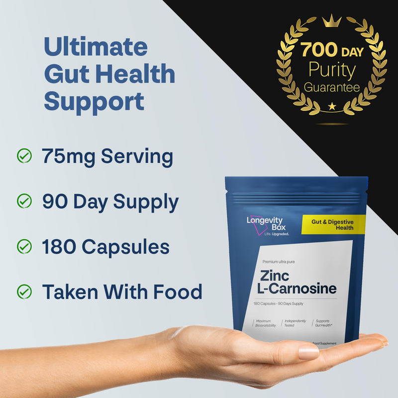 Zinc L-Carnosine Supplement - 75mg x 180 Capsules of Maximum Bioavailable Zinc L-Carnosine 2 Per Serving, Supports Gut Health, Nutrient Absorption, Digestive Comfort - 3 Months Supply 180 count (Pack of 1)