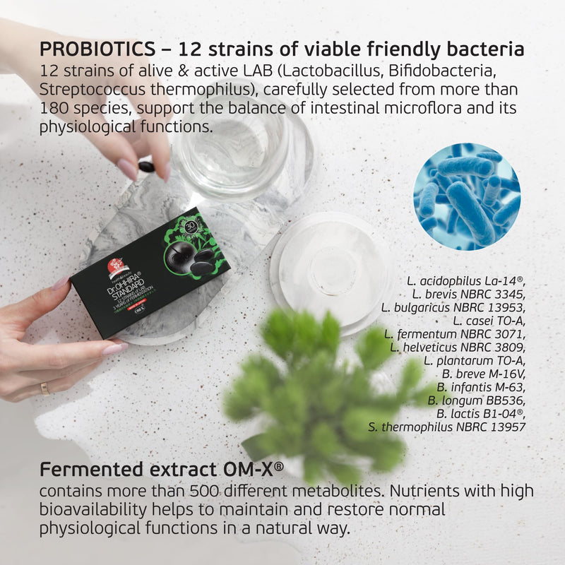 Standard Gut Health Supplement-Probiotics, Prebiotics and Postbiotics in OM-X®-3Yrs Unheated Fermentation of 12 Live Bacterial Cultures with 14 Fruits, Seaweed, Mushrooms (30 Capsules) 30 count (Pack of 1)