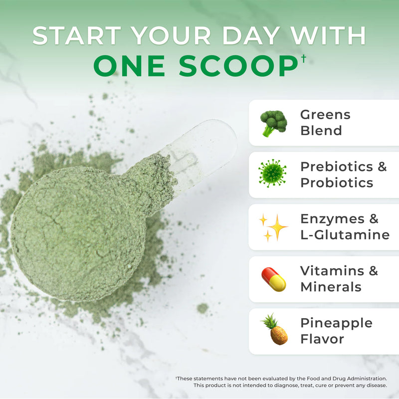 One Sol Super Greens Powder for Gut Health with Prebiotics & Probiotics | Organic greens and superfood blend with digestive enzymes for digestion and gut health support; vegan and soy-free.