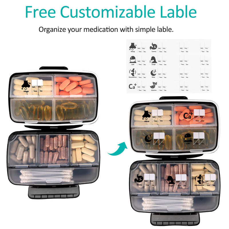 Fullicon Moisture Proof Travel Pill Organizer, 8 Compartments, Grey | Moisture Proof, Travel, Easy Open, Holds 14-17 Fish Oils, 20-35 Capsules or 13-21 Vitamins, Customized Labels, BPA-Free