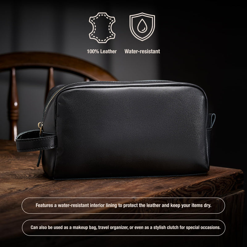 Awesometik Unisex Premium Travel Bag - Toiletries Organizer Case for Grooming, Jewelry - Travel Essentials Shaving Dopp Kit - Geniune Leather Water Resistant Cosmetic Bag For Men, Women (Black)