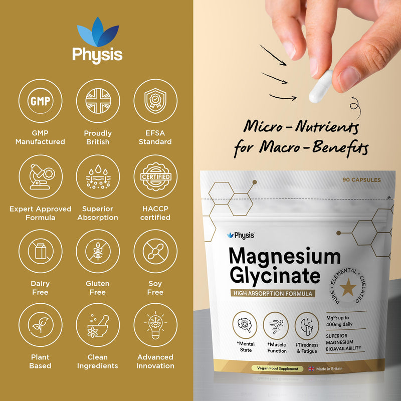 Physis Magnesium Glycinate 400mg | High Strength Elemental for Sleep, Mind & Muscle | Vegan Chelated Magnesium Bisglycinate | Bioavailable | Non-Laxative Natural Mineral | 90 x Magnesium Capsules 90 count (Pack of 1)