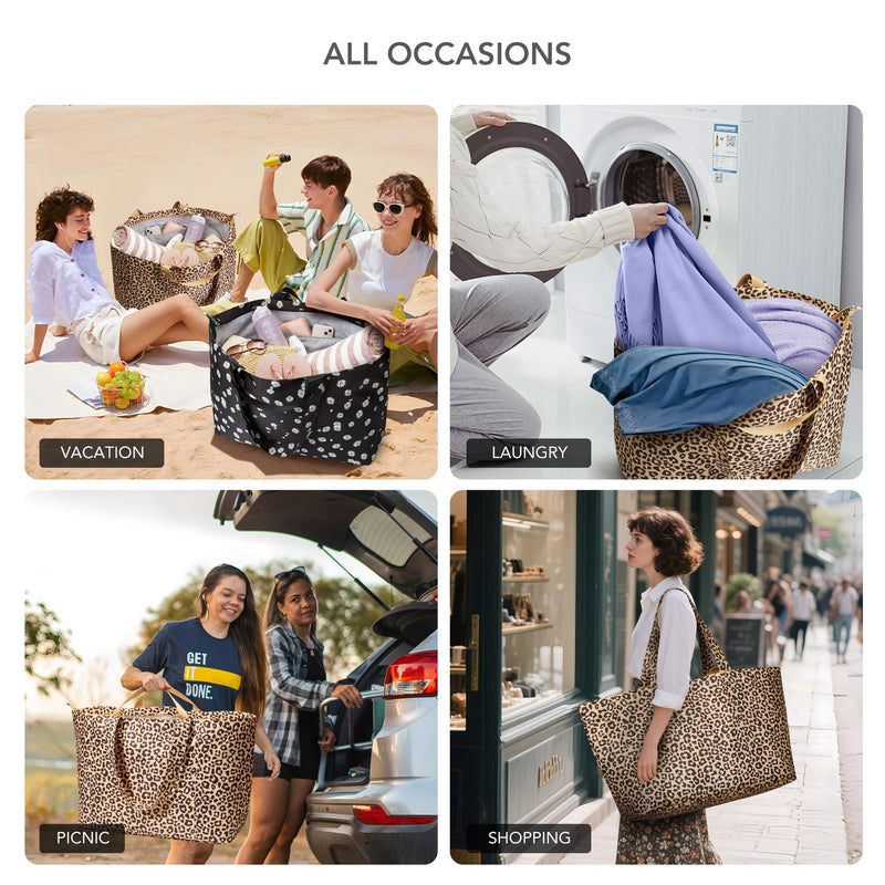 KALIDI 60L Extra Large Beach Tote Oversized Bag Zipper Utility Weekender | Anti Splash Huge Foldable Lightweight Duffle Carrier for Vacation Travel Shopping Reusable Grocery Organize Leopard