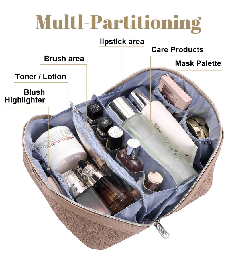 BOYATU Travel Makeup Bags Cosmetic Organizer Bag: 3-Set Large Capacity Make up Bag - PU Leather Toiletry Bags for Women - Wide Open Portable Pouch with Divider & Handle (A-Tan) A-Tan