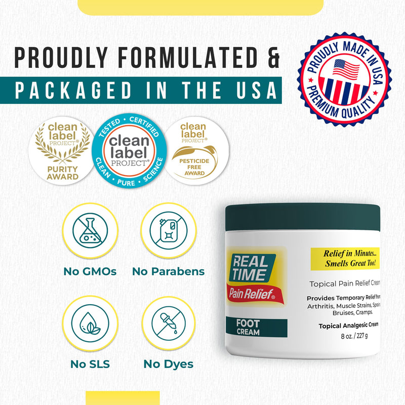 Real Time Pain Relief Foot Cream 8oz Jar | 15 Natural Ingredients: 1.5% Menthol, Tea Tree Oil, Vitamin E & Emu Oil | Advanced Neuropathy Relief & Soothing Lotion for Tired, Swollen, Sore & Aching Feet 8 Ounce (Pack of 1)